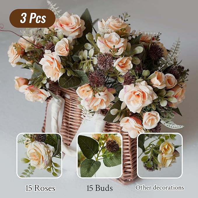 3 Bundles Fall Artificial Flowers Bouquet, Mixed Artificial Rose Silk Roses Flowers Fake Roses Artificial Flowers Roses Bouquet for Centerpiece Table Wedding Party Home Decor (White)