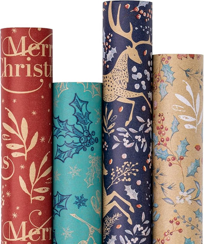 RUSPEPA Christmas Kraft Wrapping Paper - Reindeer, Berry Leaf and Text Design - 4 Rolls - 30 inches x 10 feet per Roll