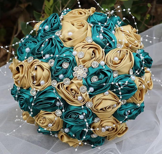 Bridal Wedding Bouquet Round Bling Brooch Bouquet Throw Toss Artificial Rose Flower Bunch for Bride Bridesmaid Wedding Quinceanera(Dark Green & Gold, 9.8")