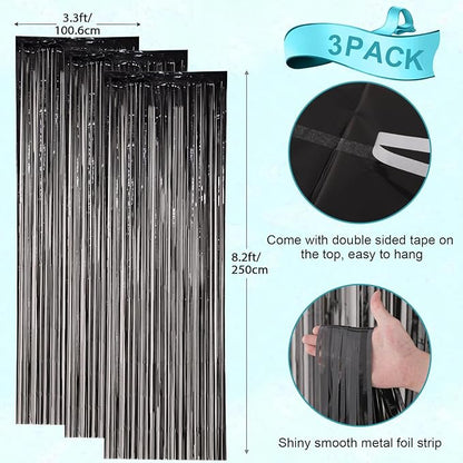 3 Pack 3.3x8.2 Feet Black Foil Fringe Backdrop Curtains, Tinsel Streamers Birthday Party Decorations, Fringe Backdrop for Graduation, New Years, Halloween, Disco Party
