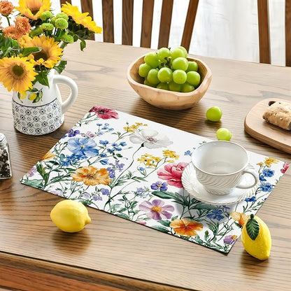Poppy Floral Placemats Set of 4, Watercolor Wildflower Place Mats, Leaves Spring Dining Table Mats, Washable Flower Placemats for Kitchen Dining Room Home Decor 18L'' × 12W''