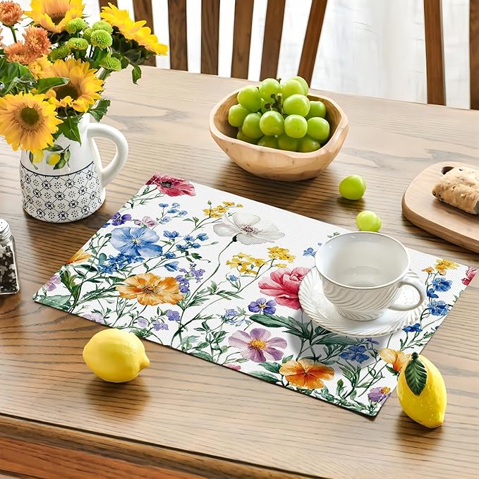 Poppy Floral Placemats Set of 6, Watercolor Wildflower Place Mats, Leaves Spring Dining Table Mats, Washable Flower Placemats for Kitchen Dining Room Home Decor 18L'' × 12W''