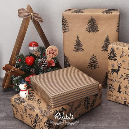 Ribbli Christmas Wrapping Paper, 4 Rolls Vintage Christmas Gift Wrapping Paper, Brown Kraft Paper with Black Pattern, 17 x120 inch(10ft) Per Roll