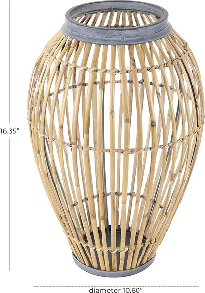 Deco 79 Bamboo Wood Handmade Decorative Vase Open Frame Centerpiece Vase with Blue Metal Accents, Vase for Home Decoration 11" x 11" x 16", Brown