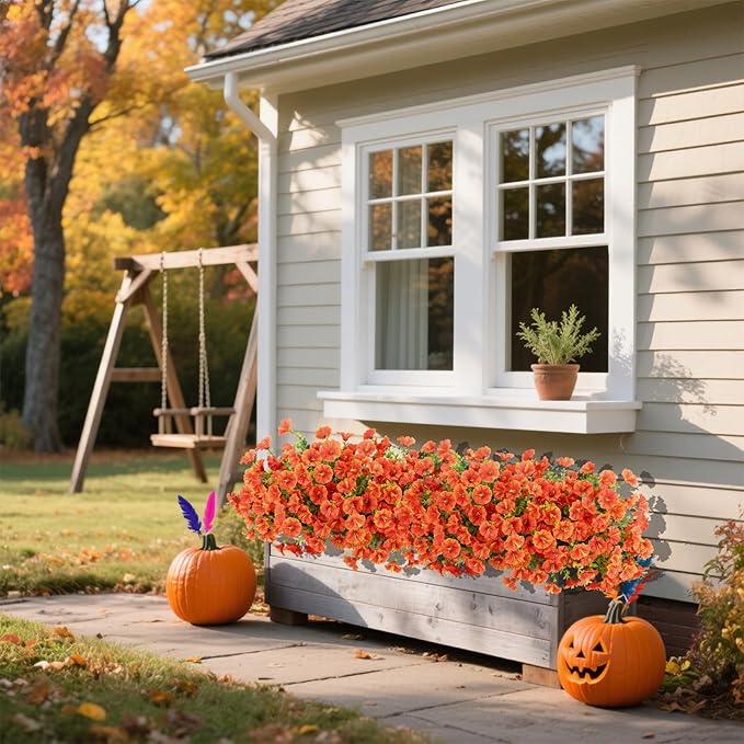 12 Bundles Fall Flowers Artificial for Halloween Decoration, Fake Flowers Artificial Plants Outdoor, Colorful Faux Morning Glory Realistic UV Resistant for Garden Patio Porch Home Decor (Orange)