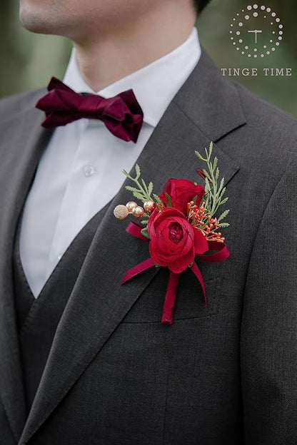 TINGE TIME Boutonniere for Men Wedding,Groom and Best Man Boutonniere for Wedding Ceremony Anniversary, Formal Dinner Party and Rustic Spring Wedding Marriage (10, Deep Red)