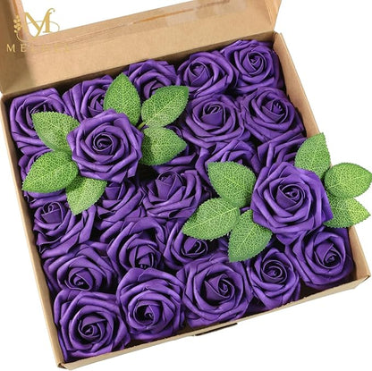 Meldel Artificial Flowers 50pcs Real Looking Purple Lilac Foam Fake Roses with Stems for DIY Wedding Bouquets Bridal Shower Centerpieces Floral Arrangements Home Decorations