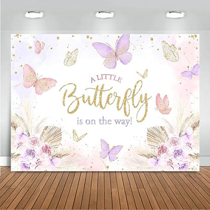 Mocsicka Butterfly Baby Shower Backdrop for Girl's A Little Butterfly is on The Way Pink Florals Flowers Photography Background Princess Girl Party Decoration Photography Props (7x5ft, Gold)