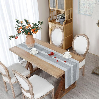 Farmhouse Braided Striped Table Runner Rustic Embroidery Coffee Table Runners for Decorations Weddings Holiday Grey 13x48inch