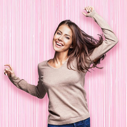 2 Pack Pastel Pink Tinsel Foil Fringe Curtains, Pink Party Decorations, Metallic Tinsel Party Streamers Backdrop for Birthday Baby Shower Graduation Wedding Gender Reveal Party Decorations