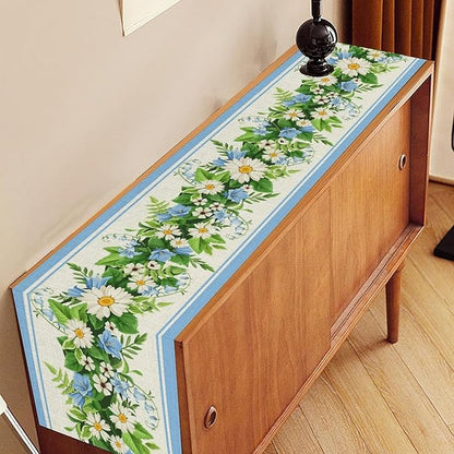 Wild Flower Table Runner, Vintage Seasonal Spring Daisy Flower Rustic Blue Farmhouse Table Center Decor for Family Kitchen Farmhouse Holiday Party Table Decorations Indoor Outdoor 13x90 inch
