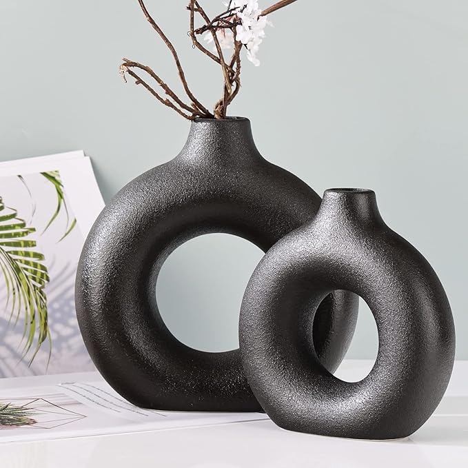 Black Vase Decor Donut Vase Set of 2 - Circle Hollow Vases, Modern Matte Ceramic Vases for Entryway Living Room Bedroom Dining Table Centerpiece Office Home Decor