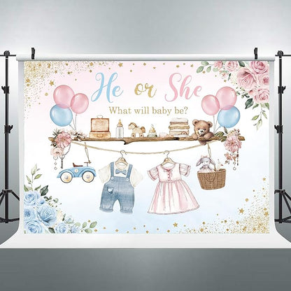 Riyidecor Gender Reveal Backdrop Polyester Fabric He or She Pink Blue What Will Baby Be Baby Shower 7Wx5H Feet Boho Watercolor Floral Flower Balloons Photography Background Newborn Photo Studio Shoot
