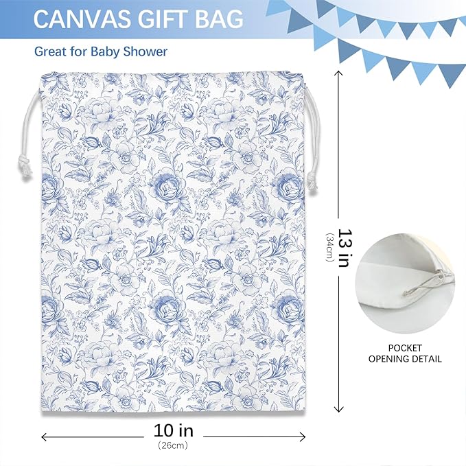 DSHFG Chinoiserie Blue Toile Floral Birthday Drawstring Gift Wrap Bags, Chinoiserie Baby Shower Drawstring Gift Bags Canvas, Blue and White Small Happy Birthday Bag, Gifts for Women, 10x13 Inch