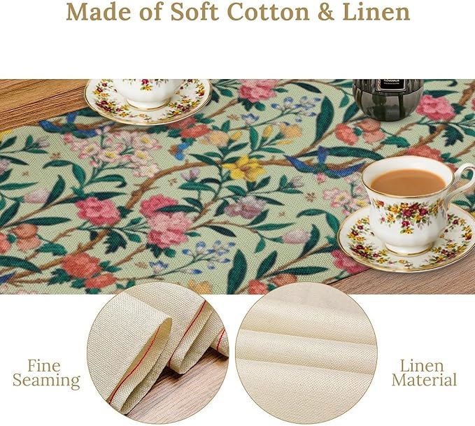 William Morris Floral Table Runner, Birds Butterflies and Bees Botanical Flower Original Design Print Table Runner for Home Party Dining Room Kitchen Decor 13x90 Inch