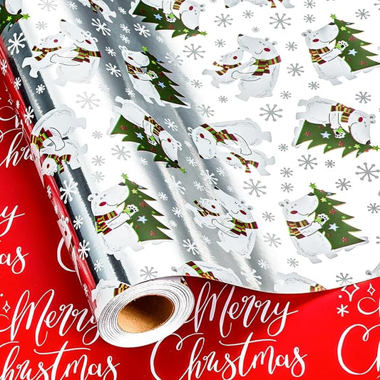 MAYPLUSS Christmas Wrapping Paper Roll - 17 Inch X 33 Feet - Silver Gift Wrapping Paper Christmas Tree Polar Bear Snowflake Reversible Red for Holiday Party New Year Kids