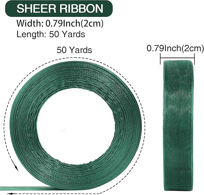 3/4 Inch x 50 Yards Sheer Organza Ribbon Chiffon Ribbon for Gift Wedding Flower Bouquet Wrapping Decorations Crafts (Dark Green)