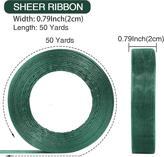 3/4 Inch x 50 Yards Sheer Organza Ribbon Chiffon Ribbon for Gift Wedding Flower Bouquet Wrapping Decorations Crafts (Dark Green)