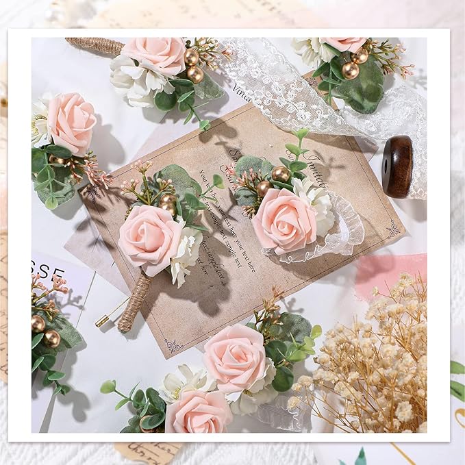 12 Pcs Wedding Wrist Corsage and Boutonniere Set Rose Wrist Corsage for Prom Boutonniere for Men Wedding Flowers Accessories Prom Suit Decorations for Wedding Ceremony Anniversary (Pink)