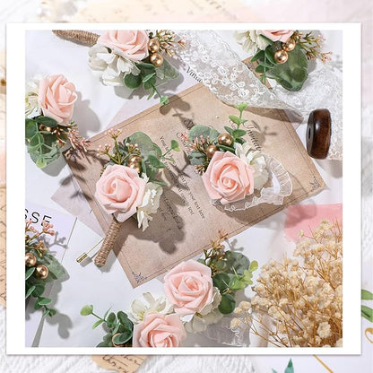 12 Pcs Wedding Wrist Corsage and Boutonniere Set Rose Wrist Corsage for Prom Boutonniere for Men Wedding Flowers Accessories Prom Suit Decorations for Wedding Ceremony Anniversary (Pink)