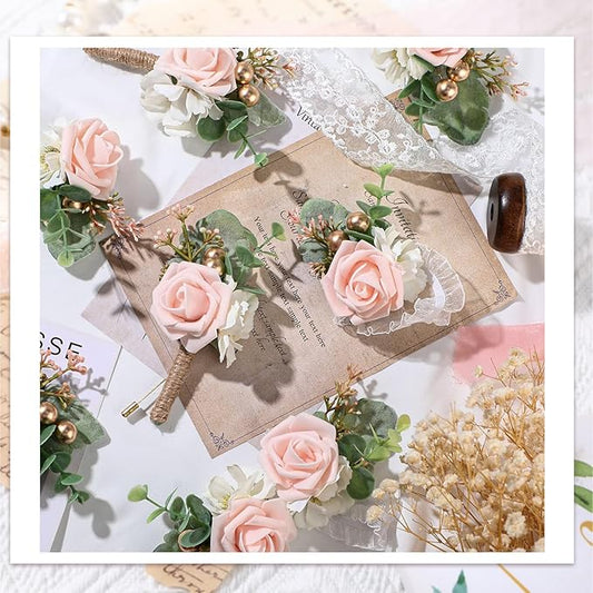 12 Pcs Wedding Wrist Corsage and Boutonniere Set Rose Wrist Corsage for Prom Boutonniere for Men Wedding Flowers Accessories Prom Suit Decorations for Wedding Ceremony Anniversary (Pink)
