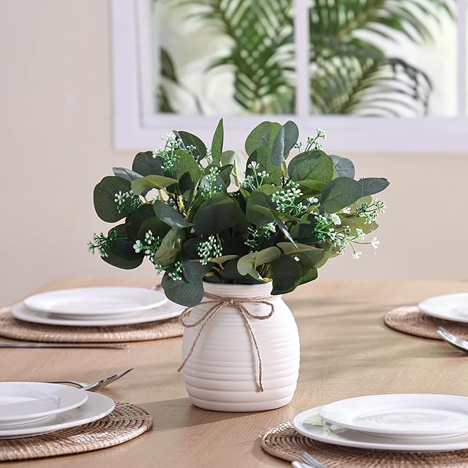 Artificial Eucalyptus in Vase, Fake plants for home decor, Ceramic White Vase with Greenery, Faux Decorative Plants, 20pcs Indoor Fake Eucalyptus Stems for Centerpiece Farmhouse Mantle Decor