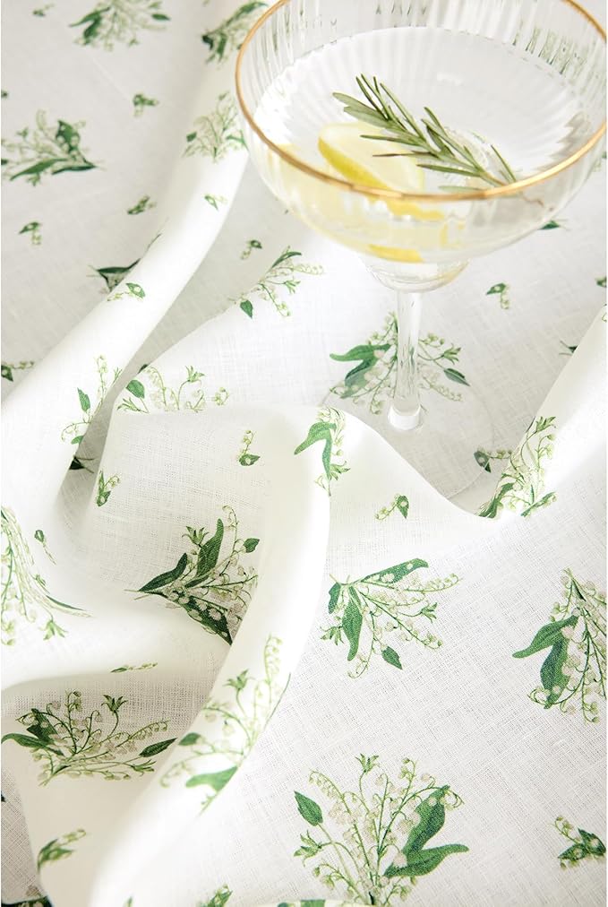 Solino Home Lily Floral Print Table Runner 36 inch - 100% Pure Linen Table Runner 14 x 36 Inch - Machine Washable - Lily of The Valley/White Print
