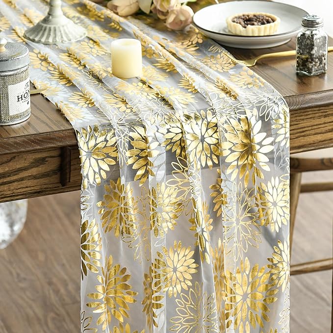 Artoid Mode Beige Gold Dahlia Flower Gauze Table Runner 120 Inch 10FT, Glitter Metallic Foil Seasonal Sheer Dining Holiday Table Decor for Home Party