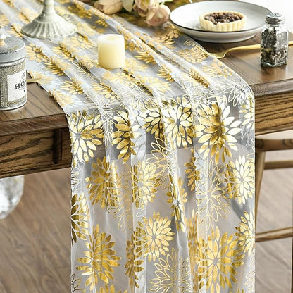 Artoid Mode 3PCS Beige Gold Dahlia Flower Gauze Table Runner 120 Inch 10FT, Glitter Metallic Foil Seasonal Sheer Dining Holiday Table Decor for Home Party