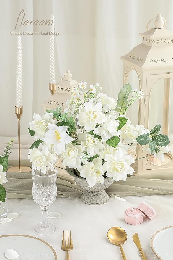 Floroom Artificial Gardenia Flowers 2.7" 25pcs Real Looking Ivory Foam Fake Flowers with Stems for DIY Wedding Bouquets Bridal Shower Centerpieces Floral Arrangements Party Tables Home Decorations