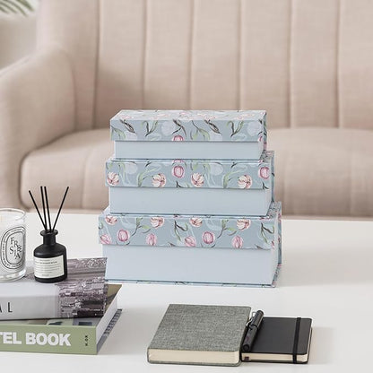 Soul & Lane Decorative Storage Boxes with Lids, Set of 3 Cardboard Boxes for Home Décor and Documents, Memory Organizers for Keepsakes with Magnetic Closure, Photo Storage, Spring Classic