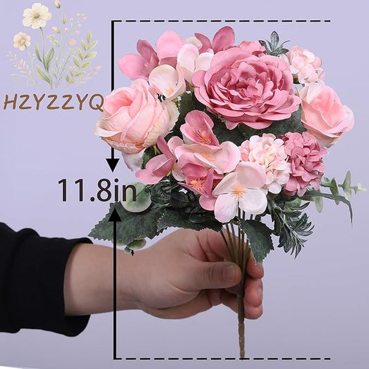 4 Pack Artificial Peony Flowers, Silk Peonies Flowers Fake Peonies Artificial Flowers Peonies Hydrangea Bouquet for Centerpiece Table Wedding Party Home Decor(Rose + Pink)