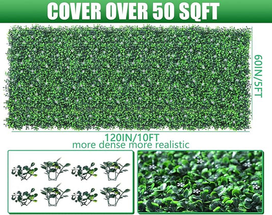60"x 120"(50 sq.ft) Artificial Boxwood Roll Panels with Flowers, UV-Anti Faux Ivy Leaves Privacy Fence Screen, Grass Wall Roll Panels for Indoor Home Decor and Outdoor Garden Backyard