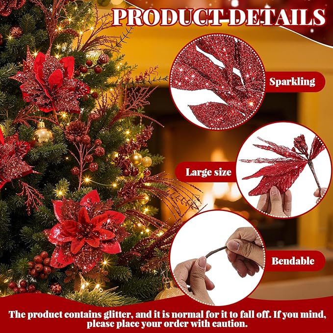 Yerliker 108 Pcs Red Glitter Christmas Picks and Sprays, 12 Styles Artificial Christmas Floral Berry Branches Flowers Stems for Xmas Tree Ornaments Wreath Garland DIY Vase Holiday Party Decor