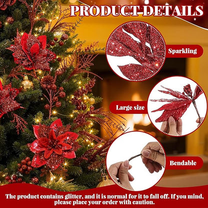 Yerliker 108 Pcs Red Glitter Christmas Picks and Sprays, 12 Styles Artificial Christmas Floral Berry Branches Flowers Stems for Xmas Tree Ornaments Wreath Garland DIY Vase Holiday Party Decor
