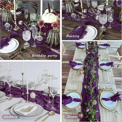 12 Pack Cheesecloth Table Runner 35x72 Inch Boho Gauze Table Runner Rustic Cheese Cloth Long Romantic Table Runners for Wedding Bridal Shower Birthday Party Table Decor (Dark Purple)