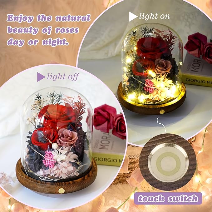 Large Preserved Flowers with Card&Box-Flowers for Delivery Prime,Eternal Rose with Lights,Roses in Glass Dome,Romantic Gift for Her,Decoration, Fresh Rose Flowers for Mom, Birthday, Anniversary (Red)