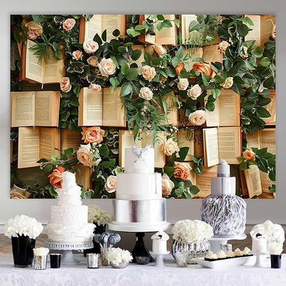 7x5FT Vintage Bookshelf Backdrop for Photography Pink Rose Flowers Green Leaves Book Page Background Wedding Bridal Shower Kids Birthday Party Banner Supplies KUBDJ977