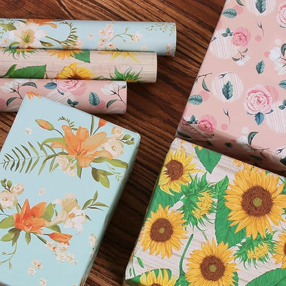 Aimyoo Sunflower Floral Wrapping Paper Roll 17 in x 10 ft, Yellow Flower Gift Wrap for Wedding Bridal Shower Women Birthday