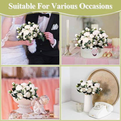 Hoteam 24 Bundles Artificial Peonies Flowers Wedding Faux Flowers Silk Peony Bouquet Bulk Bride Fake Florals Arrangements for Table Centerpieces Wedding Party Vase Decor (White)