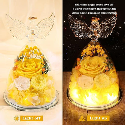FIACO Gifts for Women Preserved Rose Forever Flower in Glass Angel Figurine Fresh Flowers for Delivery Mothers Day Birthday Gifts for Mom Grandma Wife Sister Yellow
