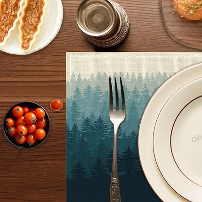 Misty Forest Placemats Set of 6,Washable Heat Resistant 12×18 Inch Linen Table Mats Natural Landscape Place Mats for Party Outdoor Dining Décor