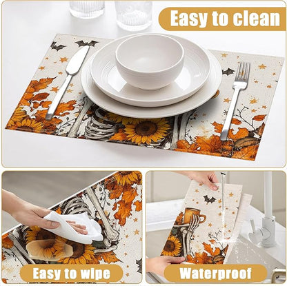 Fall Skull Sunflower Placemats Set of 6, Halloween Bat Linen Place Mat Washable Stain Resistant Table Mats for Farmhouse Kitchen Dining 12x18 Inch