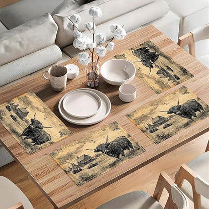 Farmhouse Highland Cow Placemats Set of 6, Country Barn Place Mats, Rustic Black and White Dining Table Mats, Washable Placemats for Kitchen Dining Room Home Decor 18L'' × 12W''