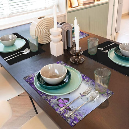Purple Butterfly Flowers Placemats Set of 4,Spring Summer Flower Place Mats Washable for Kitchen Dining Table Heat Resistant Decorative Colth Table Mats 4 PCS, Style-1