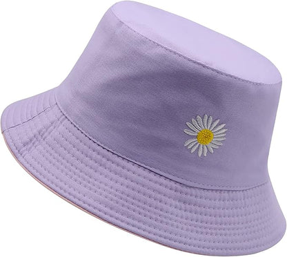 Flower Reversible Bucket Hat Cotton Summer Travel Beach Sun Hats Emboridery for Women Men