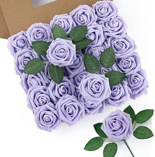 DuHouse 50Pcs Artificial Roses Flowers Fake Roses with Stems Real Touch Foam Flowers for DIY Wedding Bouquet Baby Shower Centerpiece Floral Arrangement Party Home Decor(Lilac)