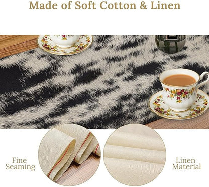 Cow Skin Print Table Runner, Rustic Country Farmhouse Animal Fur Skin Western Farm Black Cowhide Print Dinner Runner Table Decoration for Home Kitchen Dining 13x120in