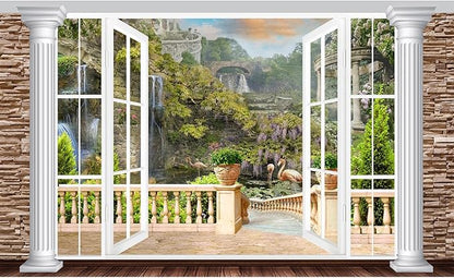 Window Scenery Backdrop White Windowsill Floral Garden Green Forest Natural Rock Stone Photography Background Garden Style Family Union Party Banner Wall Decor Photo Shoot Booth Props 8x6ft