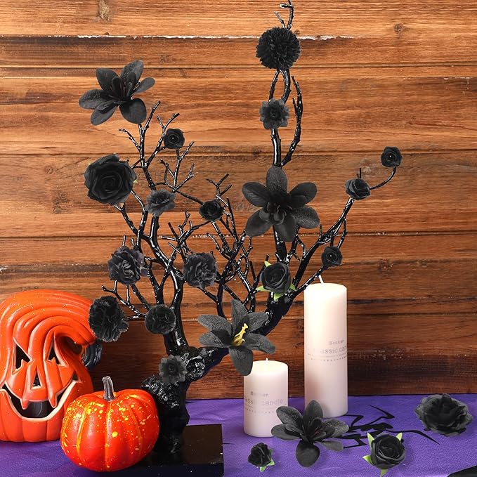 Fake Flower Heads for Crafts - Black Silk Artificial Roses, Peonies, Daisies & Floral Heads (48-Pack) for Wedding Decor, Graduation Caps, Baby Showers, Halloween Decor, and Home Decoration